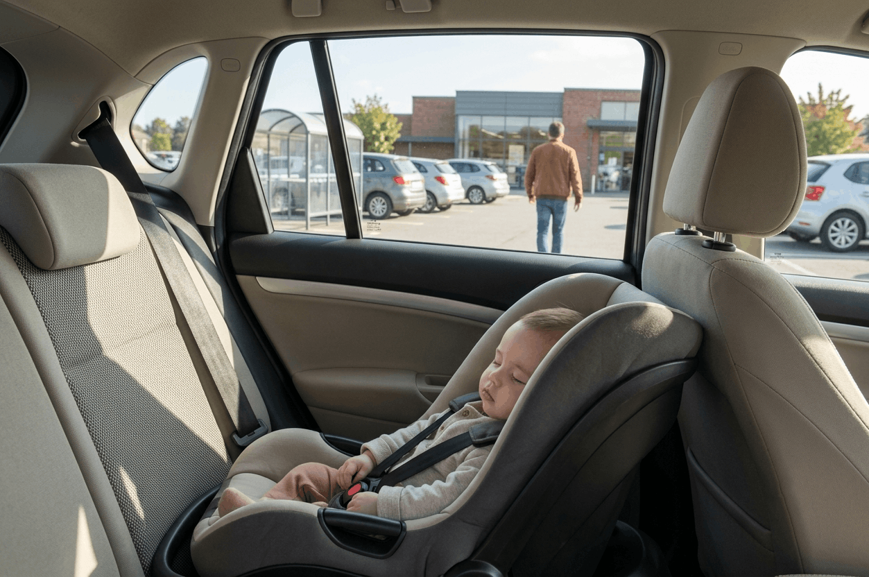 Ein Vater entfernt sich auf einem Parkplatz von seinem Auto, das Baby schläft im Autositz