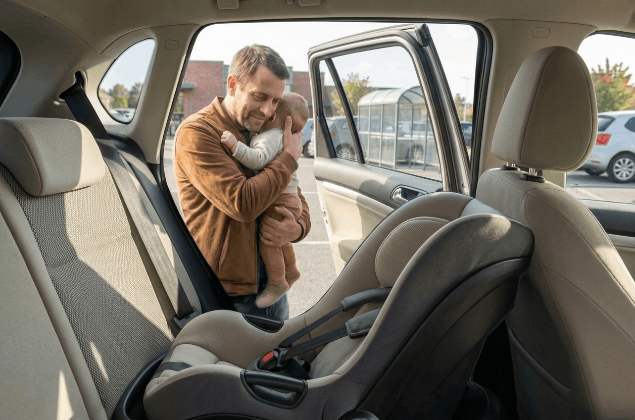 Der erleichterte Vater findet sein Baby im Auto wieder
